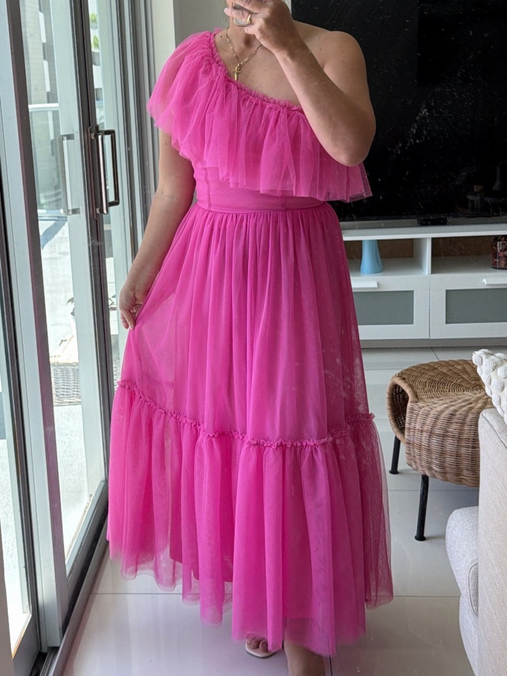 Hot Pink One-Shoulder Tulle Maxi Dress